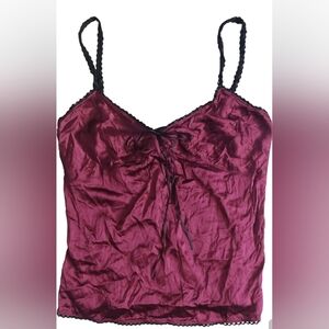 Express Burgundy Satin Camisole with Black Lace Accents